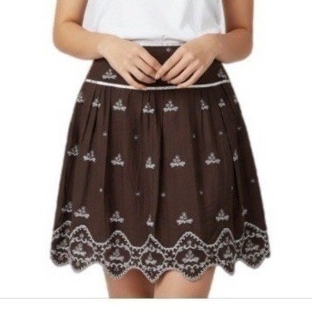 Dressbarn Embroidered Skirt Women 8 Brown Cottagecore Boho Eyelet A-Line